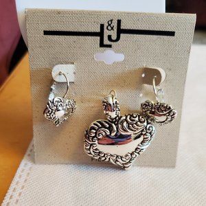 L&J Leverback Heart Earrings and Heart Pendant Jewelry Set Silver Tone Love NWT